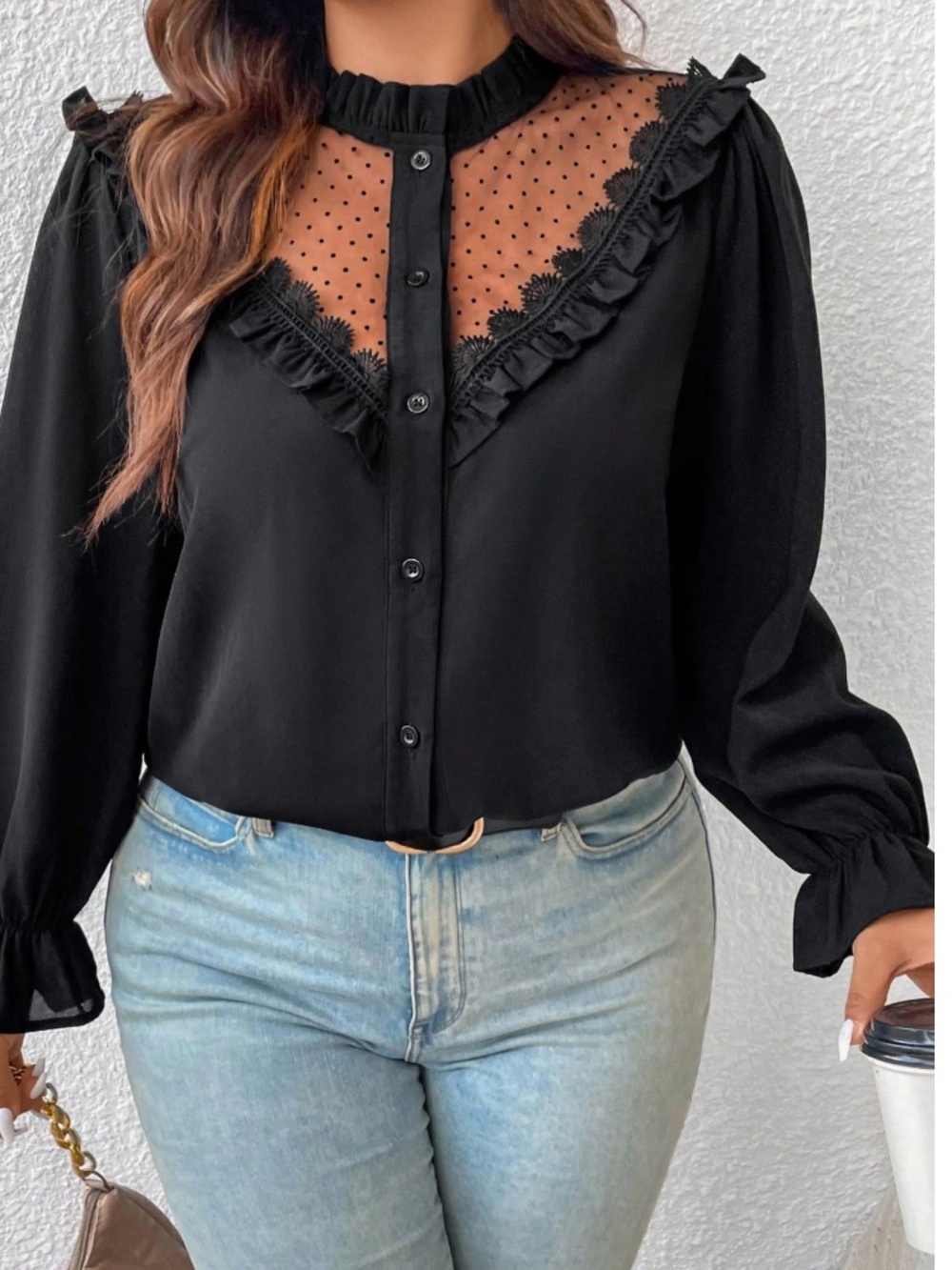 Plus Black Swiss Dot Button Down Ruffle Detail Long Sleeve Top
